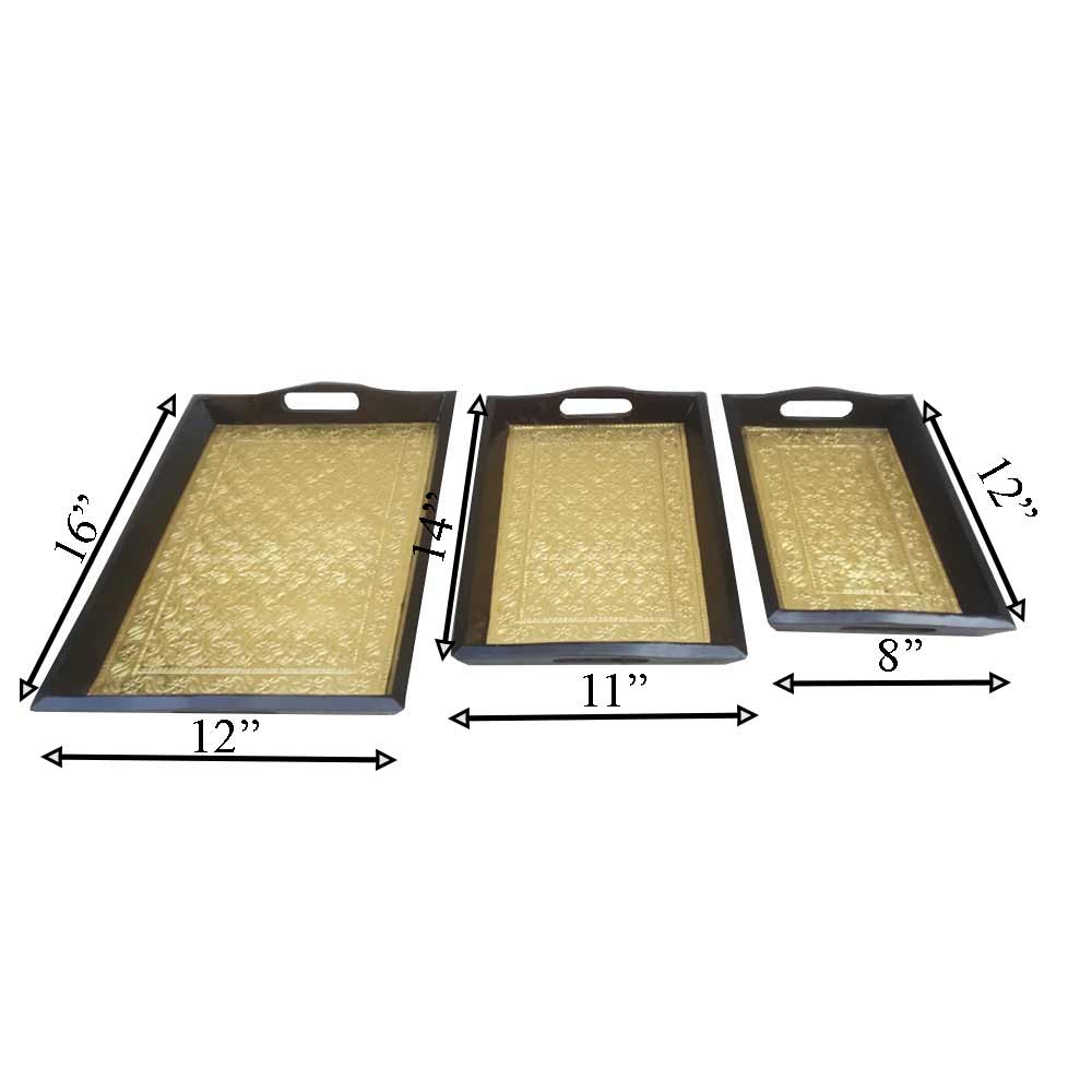 Tray, (NAVIKA PRODUCTION) Wood With Brass Fitting Tray set of 3, Kitchen Accessory - VT2294