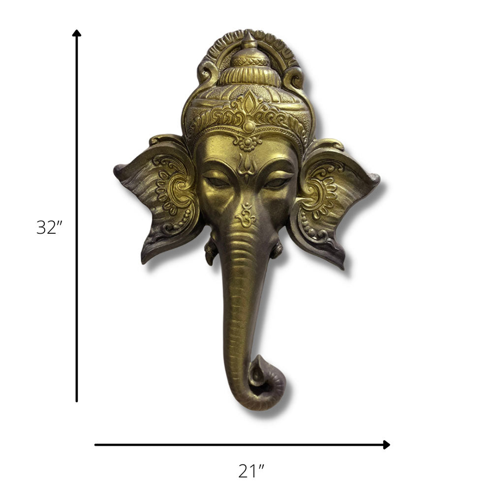 Wall Art, GAN-03-GOLDEN(Artociti), Ganesha face 3D Relief Mural Wall Hanging in Golden, Wall Art - VT2335