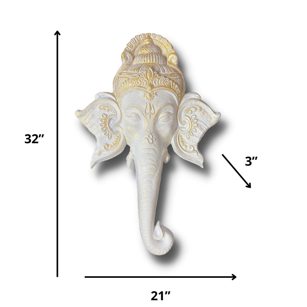 Wall Art, GAN-03-WHITE (Artociti), Ganesha face 3D Relief Mural Wall Hanging in White, Wall Art - VT2337
