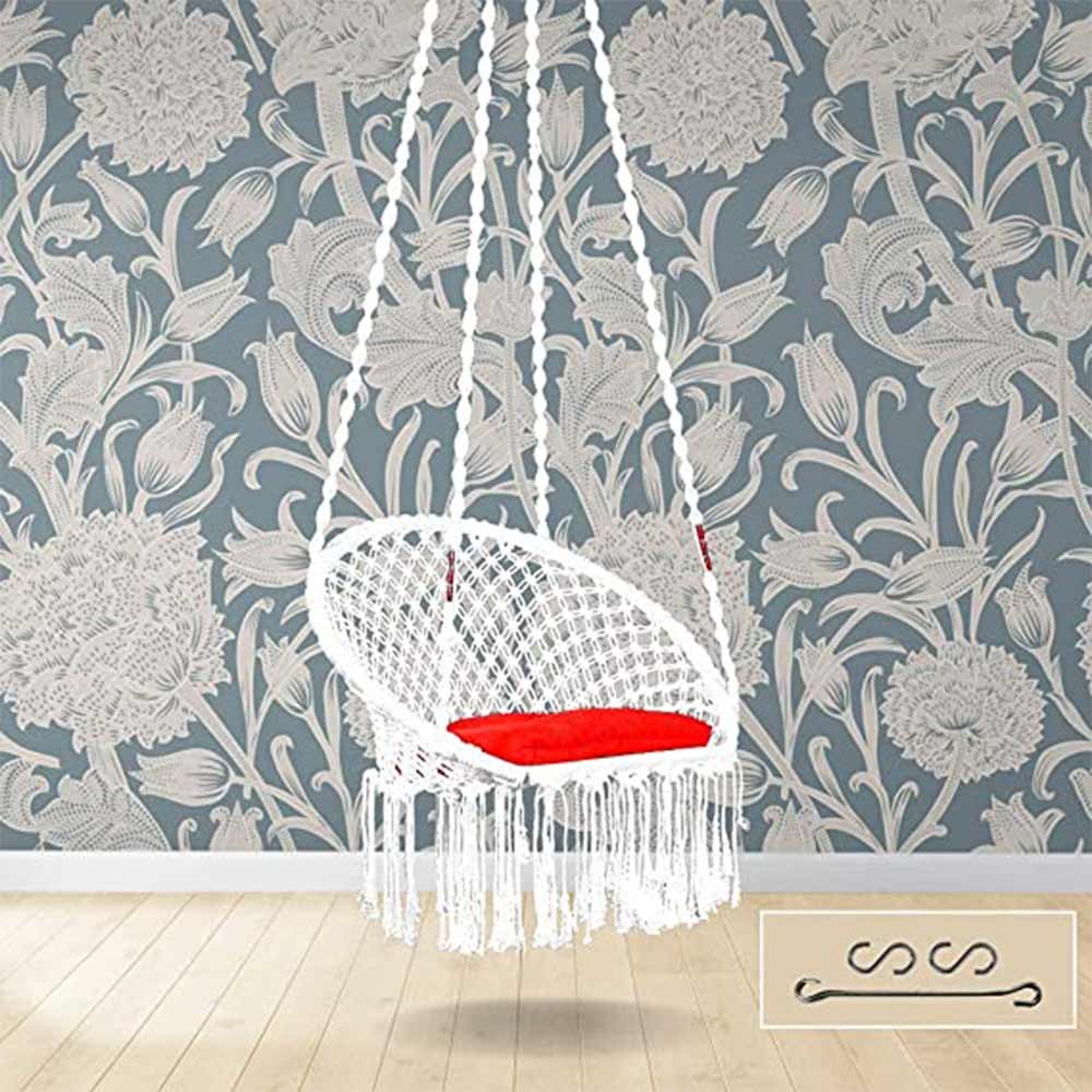 Swing, Swing in Premium Round White with Red Cushion, Swing in White Color, Swing with 1 Rod, 2 S Hook & Square Cushion, Swing - VT6101