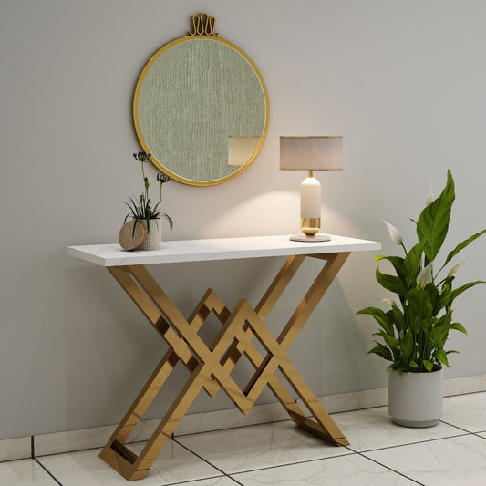 Console Table, White Satvario Finish Console Table, Console Table with Gold Legs, Console Table - IM- 12046