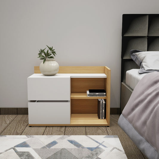 Bed Side Table, Wood & White Color Bed Side Table, Bed Side Table with open shelf, Bed Side Table with Drawer, Bed Side Table - EL - 12061