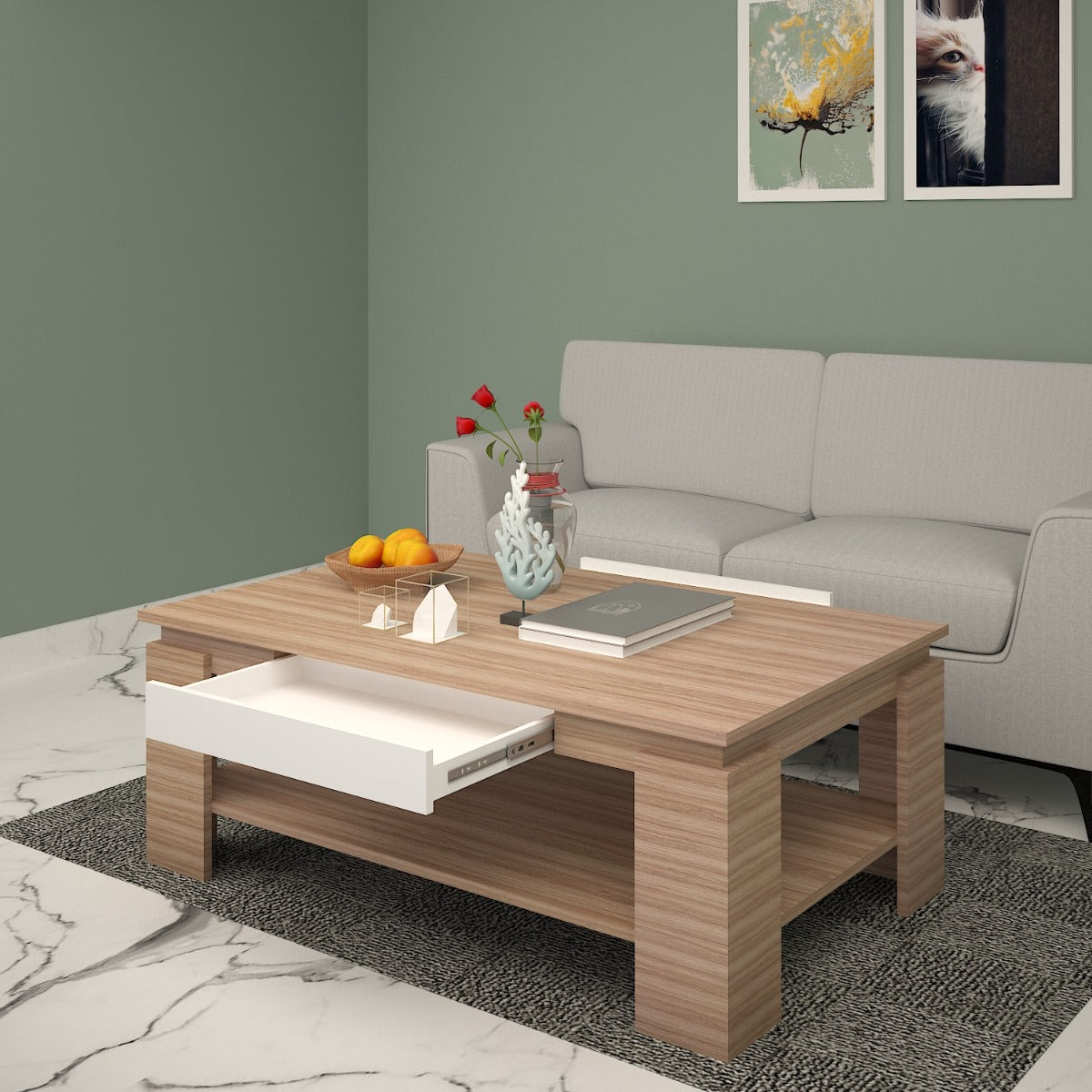 Coffee table, CenterTable, Wood & White Color Center Table, Center Table with shelf,  Center Table -EL - 12064