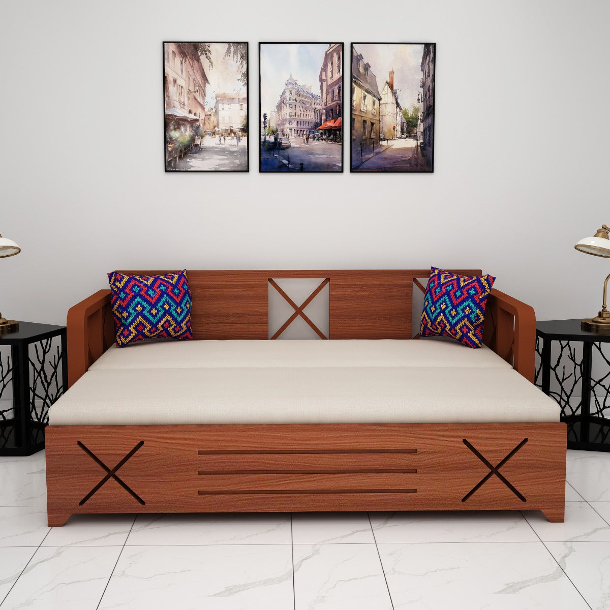 Sofacum Bed, Wood & Off-White Sofacum Bed, Sofacum Bed with Drawer, Sofacum Bed with Living & Bedroom Area, Sofacum Bed - VT - 4051