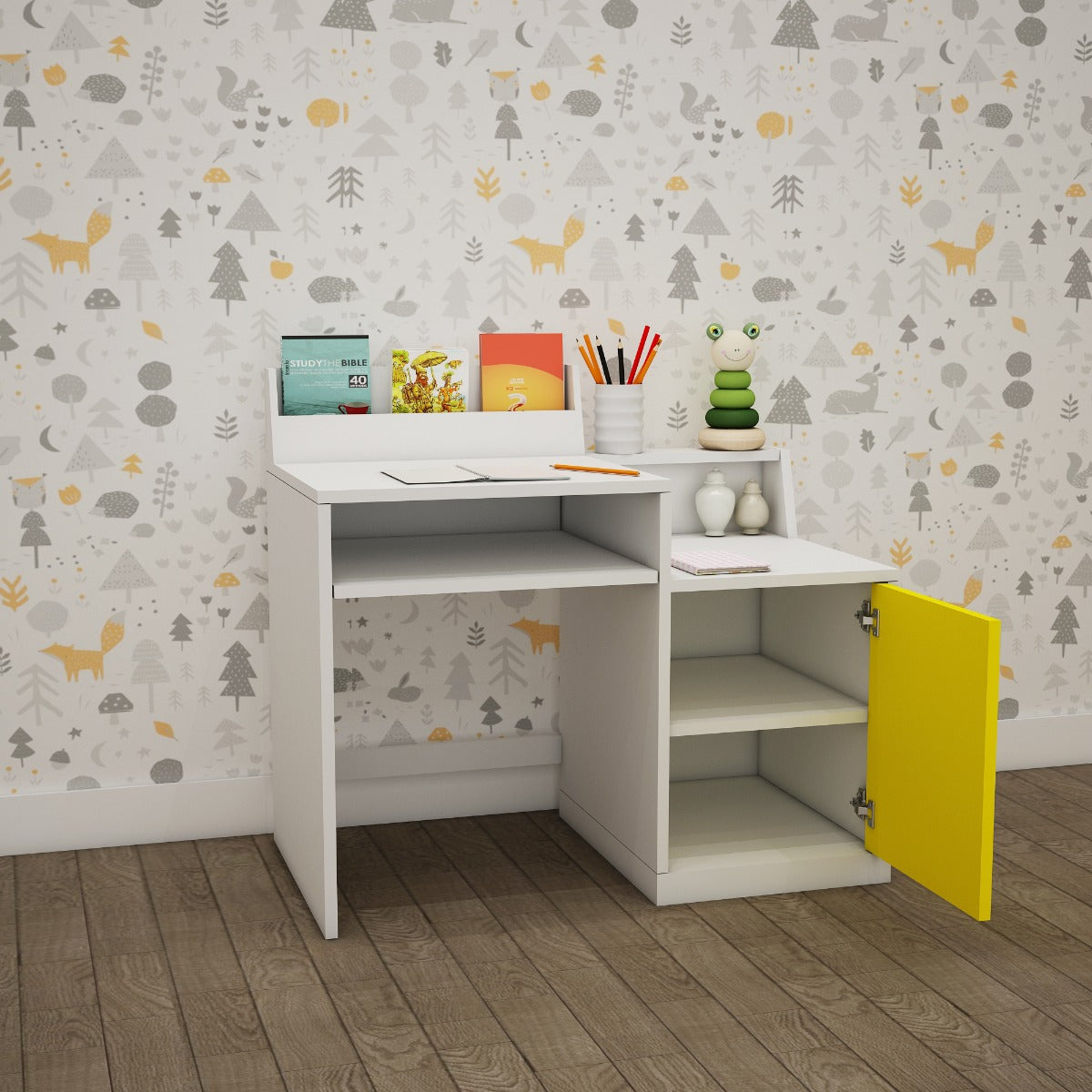 Kids Study Table, White & Yellow Color Study Table, Study Table with Open Shelf, Study Table with Shutter, Study Table - IM - 12050