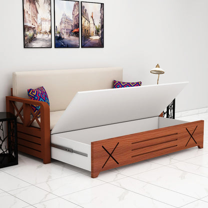 Sofacum Bed, Wood & Off-White Sofacum Bed, Sofacum Bed with Drawer, Sofacum Bed with Living & Bedroom Area, Sofacum Bed - VT - 4051