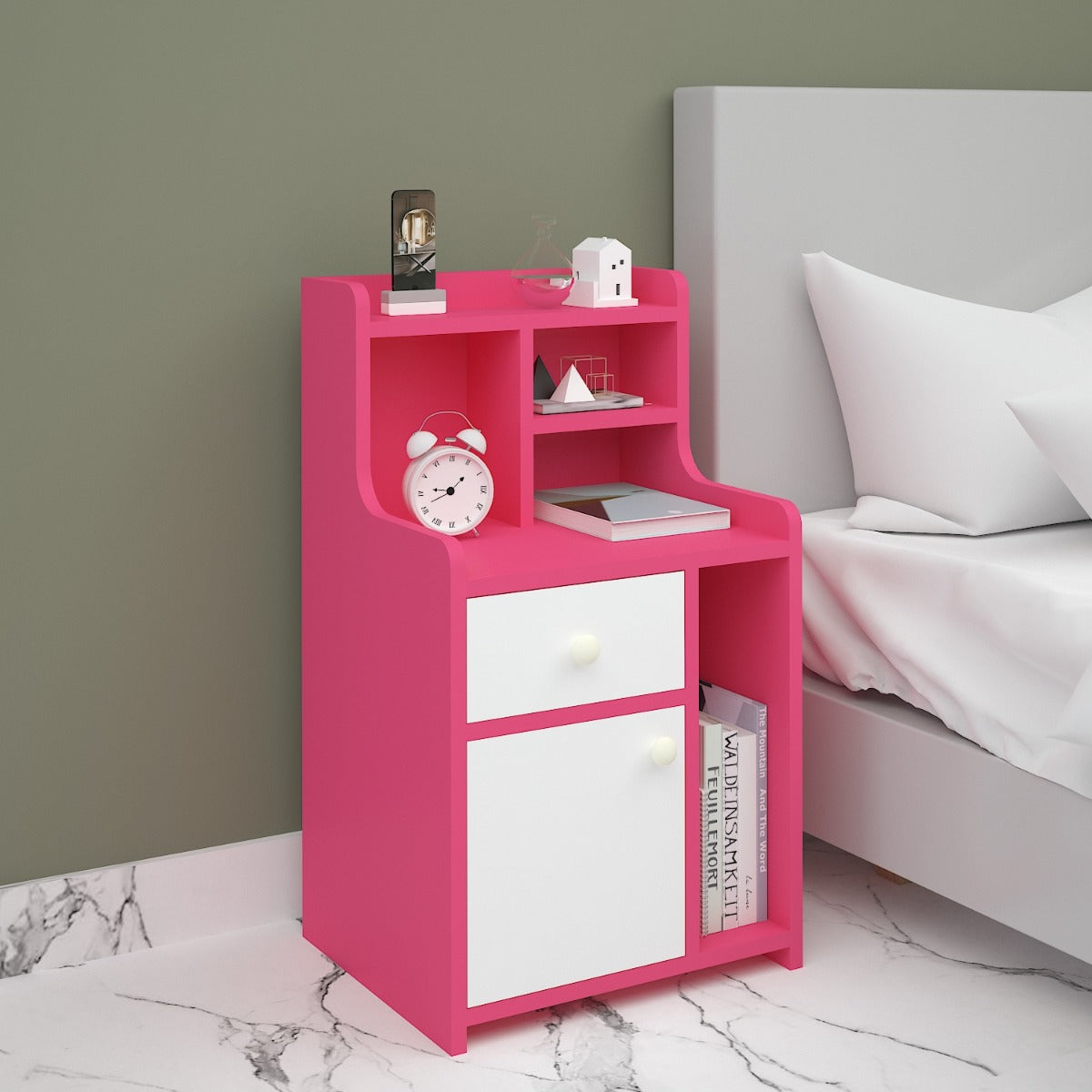 Bed Side Table, Pink & White Color  Bed Side Table, Bed Side Table with open shelf, Bed Side Table with Drawer, Bed Side Table with Shutter, Bed Side Table - IM - 12063