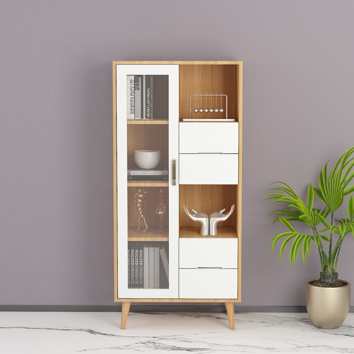 cabinate, cabinate storage, cabinatry storage, book shelf, book storage, golden drawer storage, white storage,  wood storage, high console, open storag, EL-10005