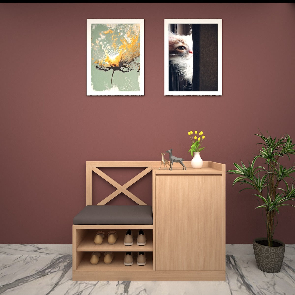 Light Wood Entryway Bench with Grey Cushion and X-Back Design, VT-10005