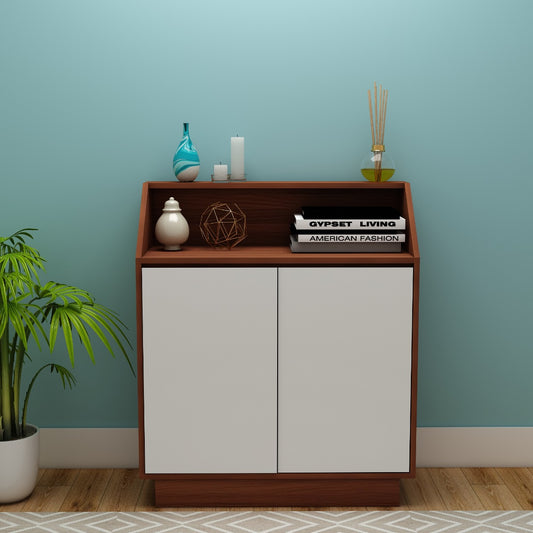 Mahogany Wood Shoe Cabinet with White Doors and Display Shelf,  EL-10006