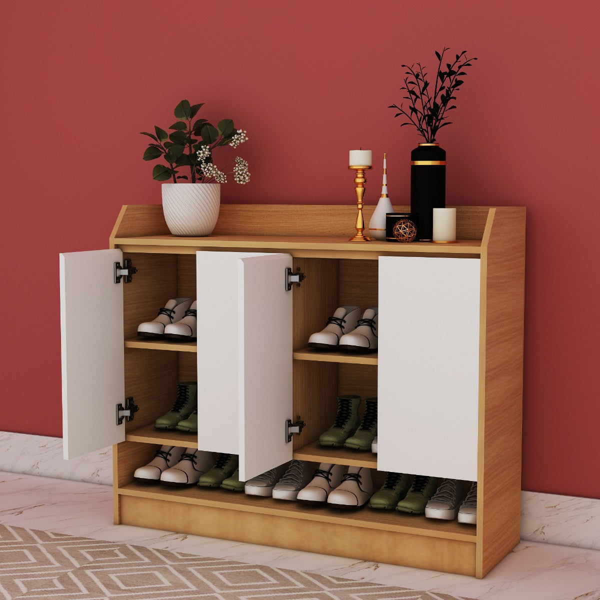 Contemporary Wooden Shoe Rack with White Doors & Open Shelf – EL-10007