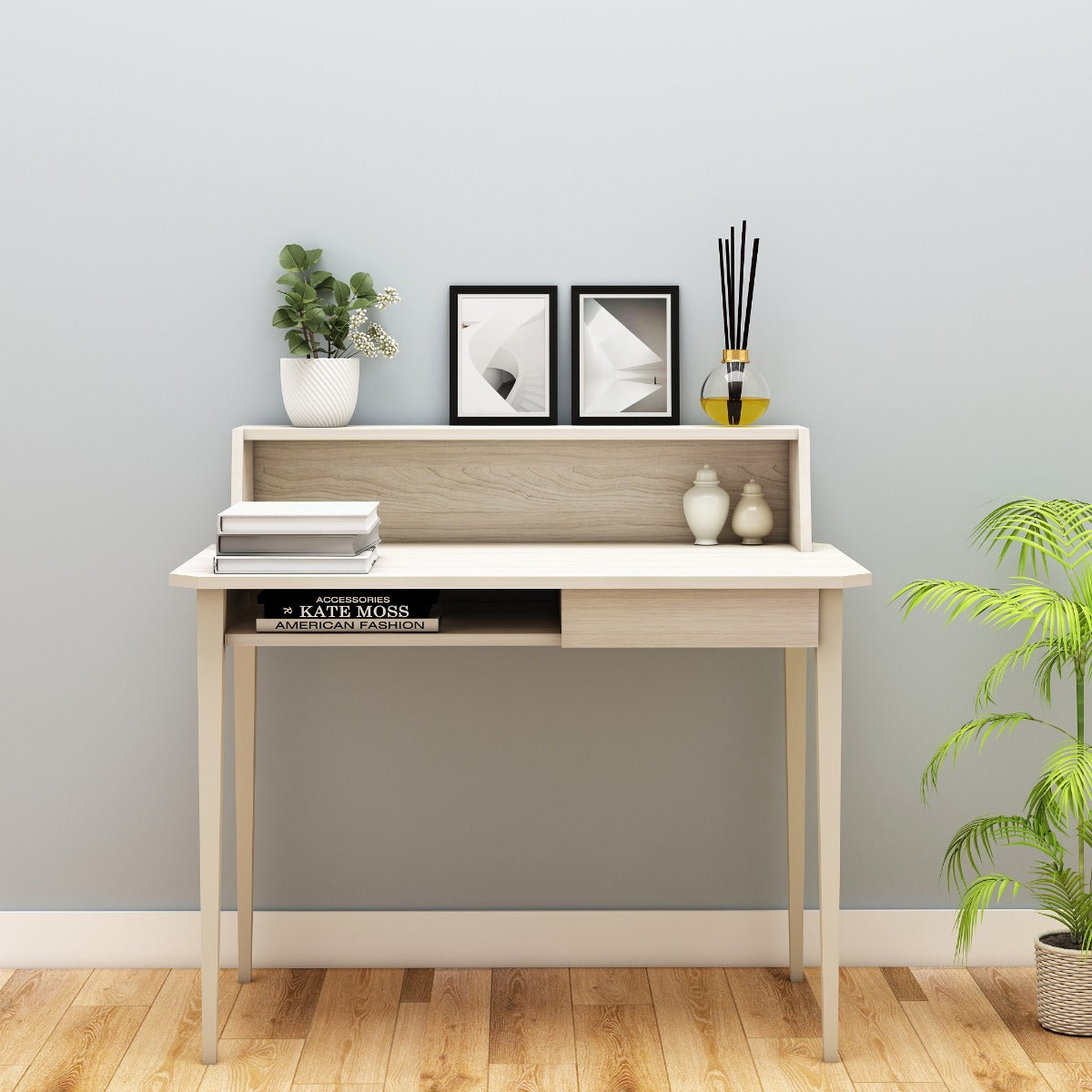 Study Table, Wood Study Table, Study Table Drawer & Open Shelf at Bottom, Study Table Open Space, Study Table with Tapered Legs, Study Table - EL - 12002