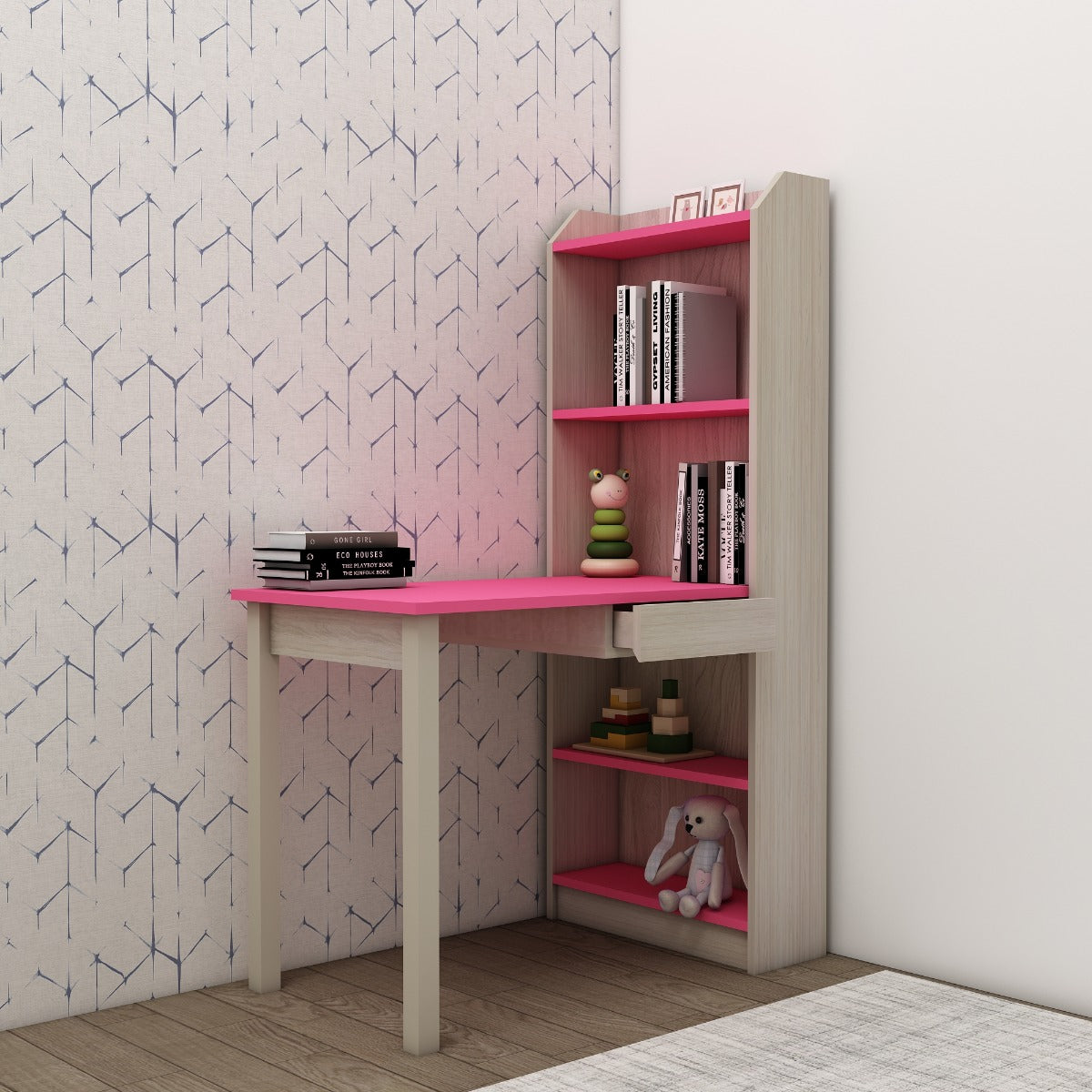 Study Table, Wood & Pink Color Study Table, Study Table with Drawer, S ...