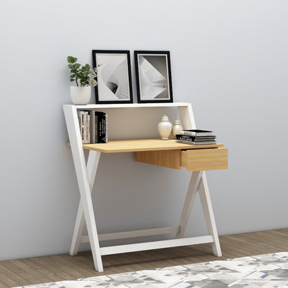 Triangular Table Study White Study Table, Wood & White Color Study Table, Study Table with Open She ...