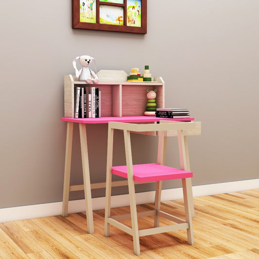 Kids Study Table & Chair, Wood & Pink Color Study Table & Chair, Study Table with Open Shelf, Study Table with Whit Drawer, Study Table - IM - 12012