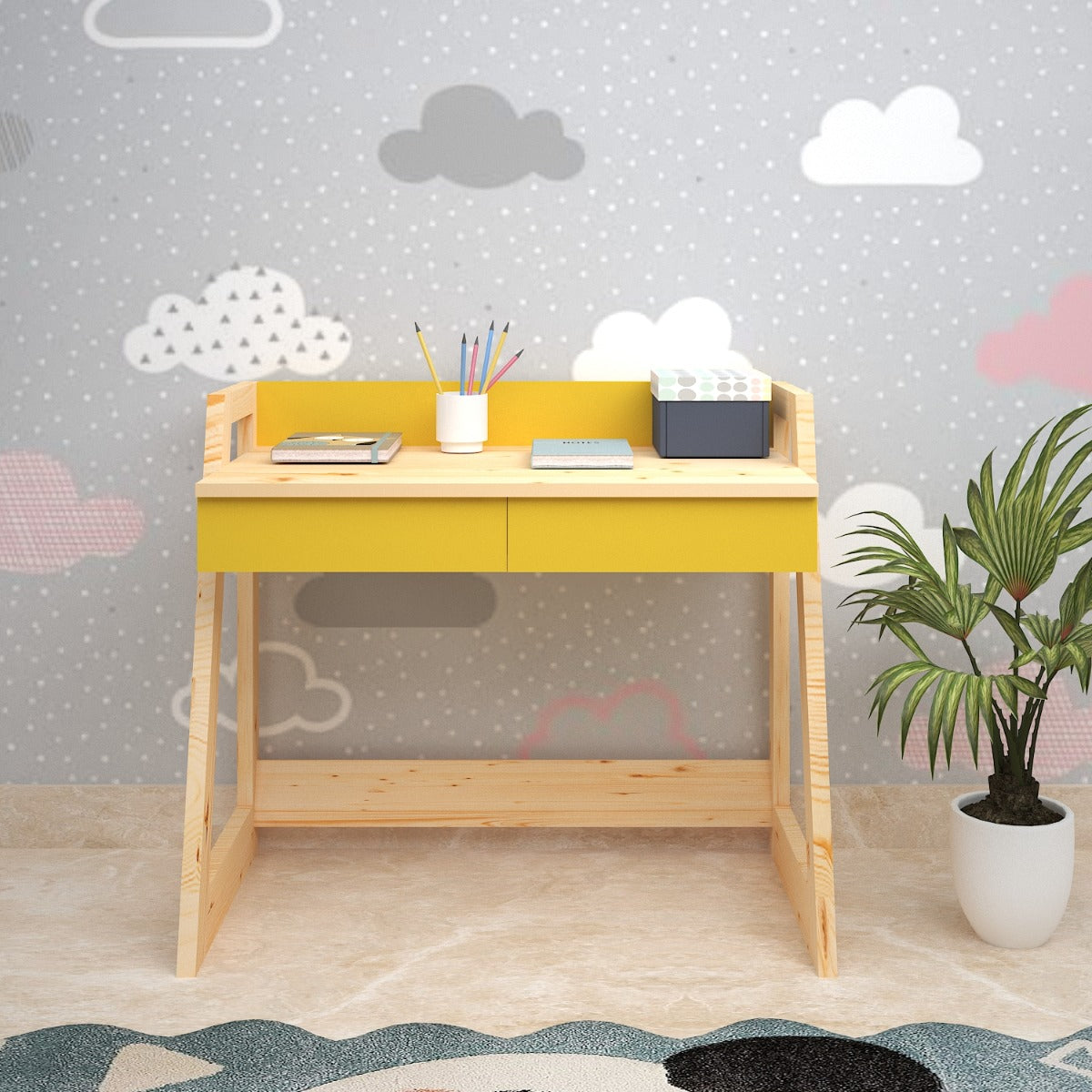 Kids Study Table,  Wood & Yellow Color Study Table, Study Table with Drawer, Study Table - EL - 12010