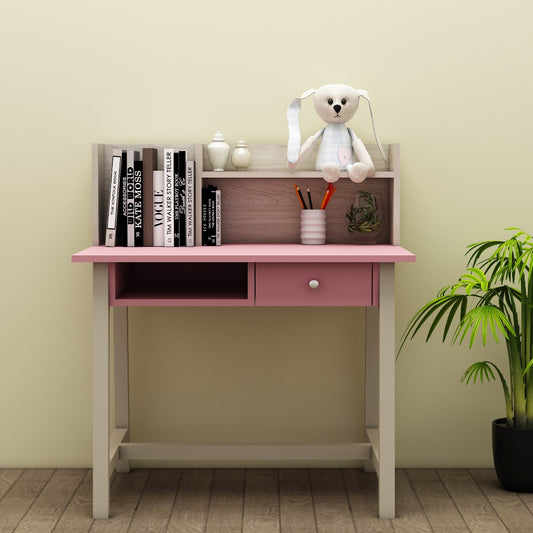 Kids Study Table,  Wood & Pink Color Study Table, Study Table with Drawer, Study Table with Open Shelf, Study Table - EL - 12011