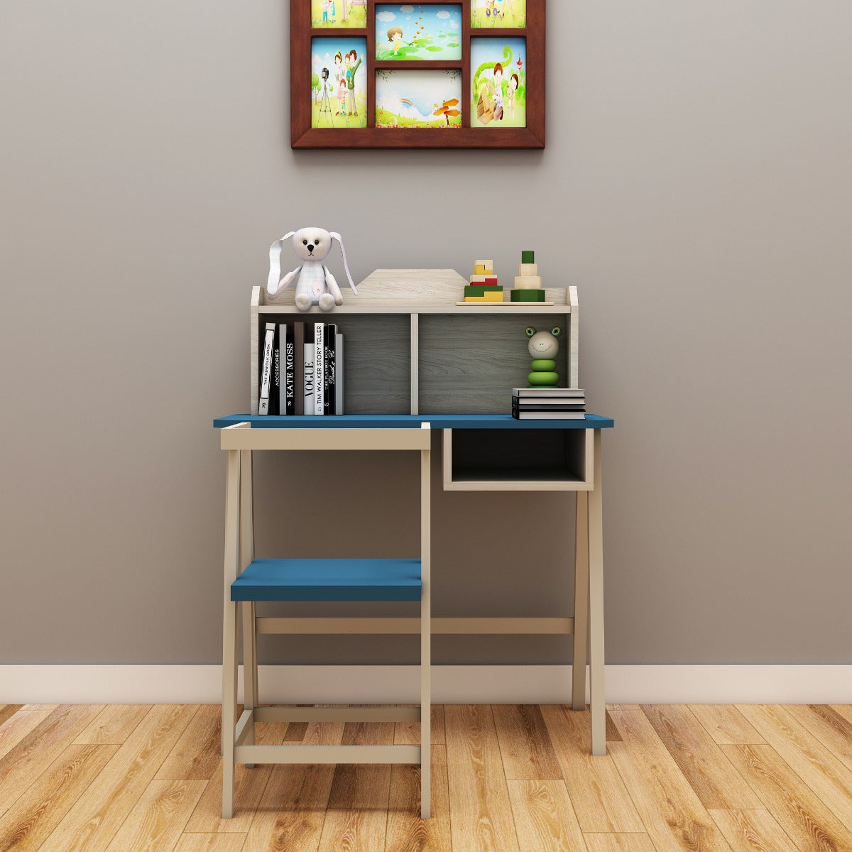 Two Chair Study Table Kids Study Table & Chair, Wood & Blue Color Study Table & Chair, Study ...