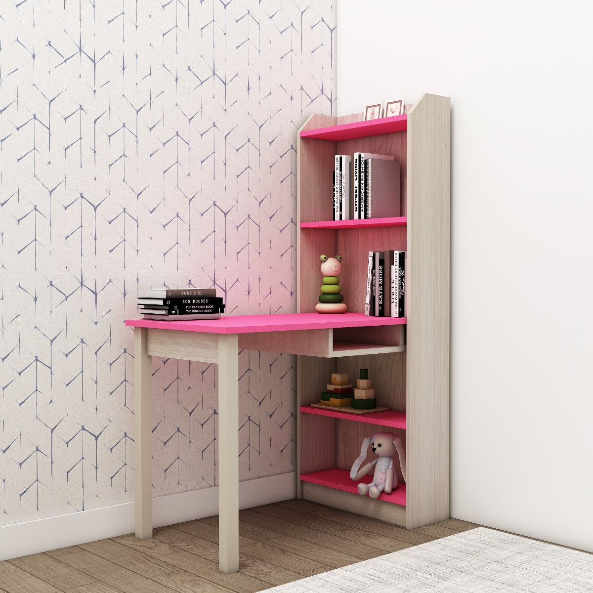 Kids Study Table, Wood & Pink Color Study Table, Study Table with Open Shelf, Study Table - VT - 12023