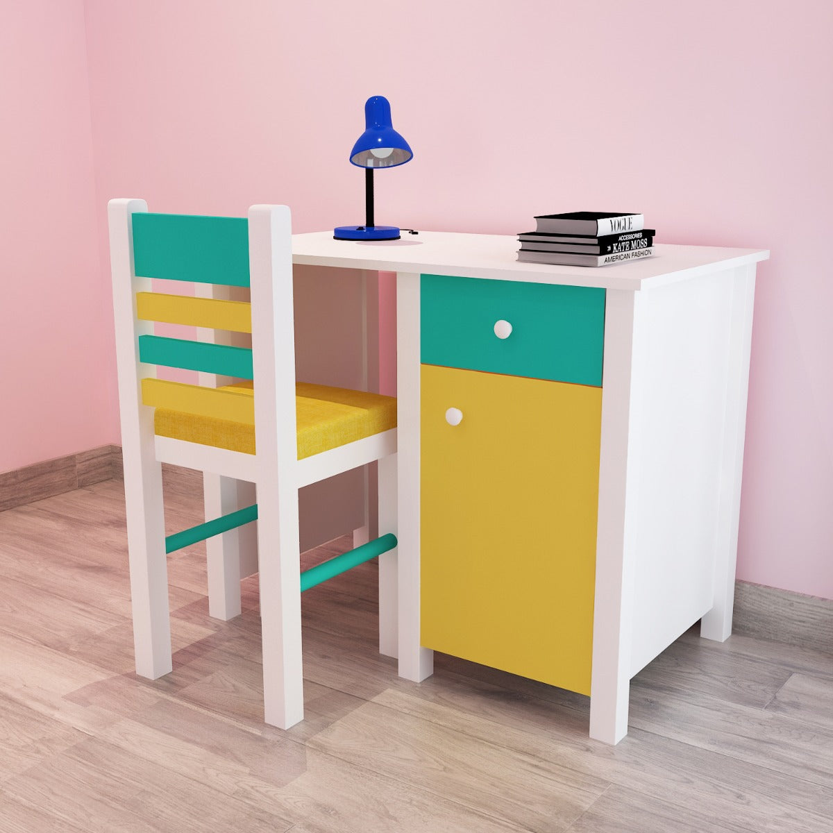 Kids Study Table & Chair, White, Yellow & Green Color Study Table, Study Table with Drawer, Study Table with Shutter, Study Table - EL - 12023