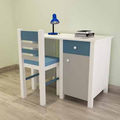 Kids Study Table & Chair, White, Grey & Blue Color Study Table, Study Table with Drawer, Study Table with Shutter, Study Table - EL - 12026