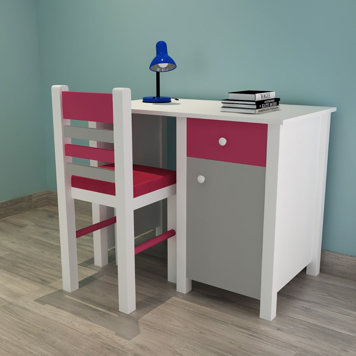 Kids Study Table & Chair, White, Grey & Pink Color Study Table, Study Table with Drawer, Study Table with Shutter, Study Table - EL - 12027