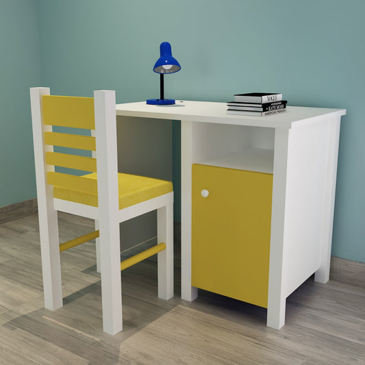 Kids Study Table & Chair, White & Yellow Color Study Table, Study Table with Open Shelf, Study Table with Shutter, Study Table - EL - 12028