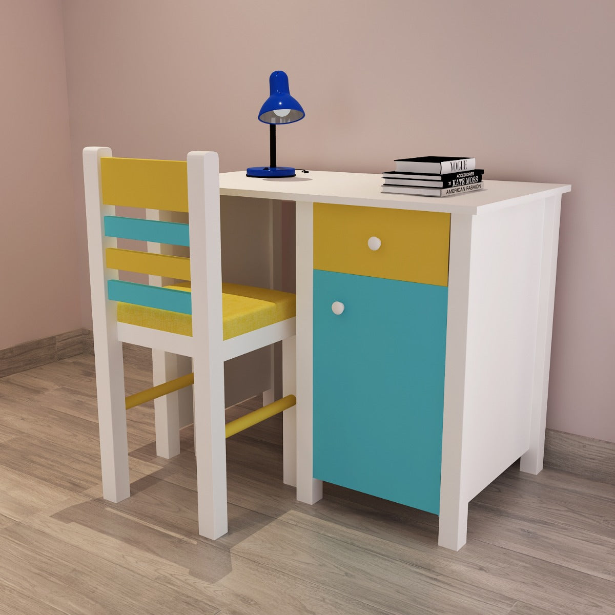 Kids Study Table & Chair, White, Blue & Yellow Color Study Table, Study Table with Drawer, Study Table with Shutter, Study Table - EL - 12029