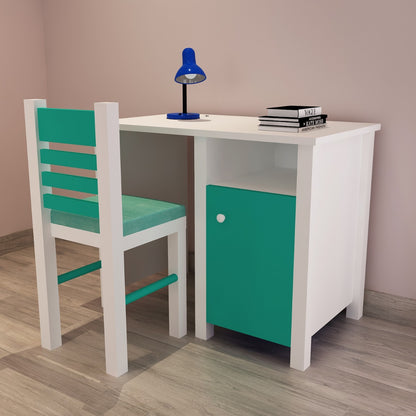 Kids Study Table & Chair, White & Green Color Study Table, Study Table with Open Shelf, Study Table with Shutter, Study Table - EL - 12030