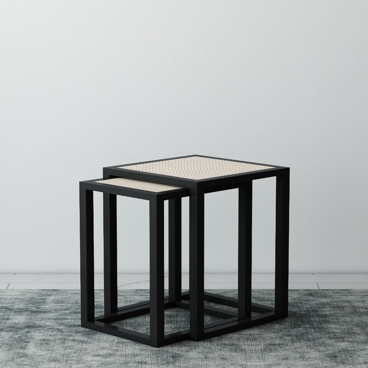 Metal & Cane Nesting Table , 2 Nesting Table With Black Legs , Modern Look Nesting Table In Black & Cane,  Nesting Table - IM758