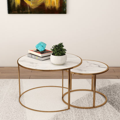 Round Nesting Table ,  2 Nesting table with brass legs , modern look stone top Nesting table in brass & white marble top,Floor standing Nesting Table - EL796