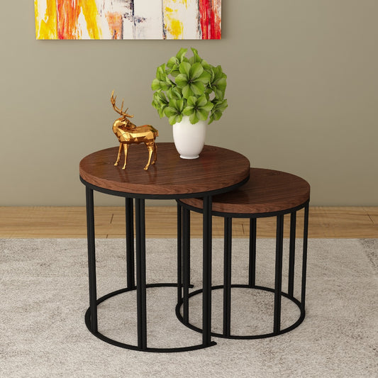 Round Nesting Table ,  2 Nesting table with metal legs , vintage look veneer top Nesting table in black & brown veneer top,Floor standing Nesting Table - VI857