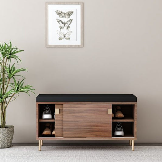 Mid-Century Modern Shoe Bench with Black Cushion and Walnut Wood, VT-3006