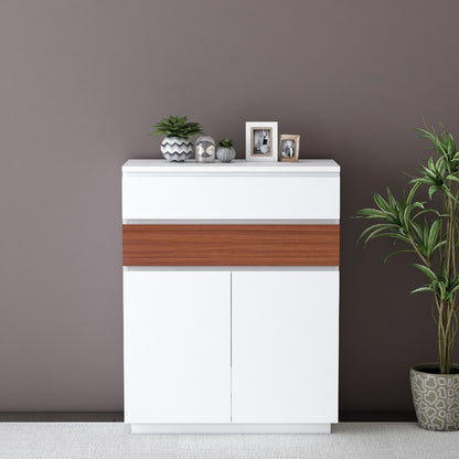 Modern White Shoe Cabinet with Wooden Accent and Sliding Door,  IM-1008