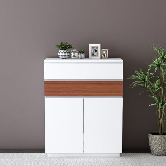 Modern White Shoe Cabinet with Wooden Accent and Sliding Door,  IM-1008