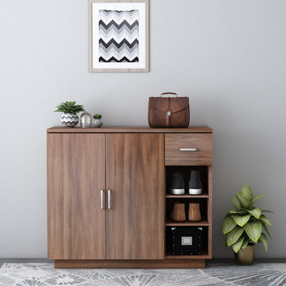 Contemporary Walnut Wood Storage Cabinet with Sliding Doors and Drawer,  VT-3004