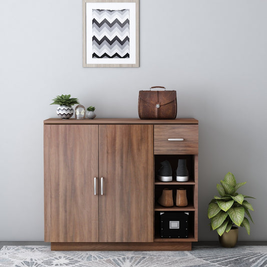 Contemporary Walnut Wood Storage Cabinet with Sliding Doors and Drawer,  VT-3004