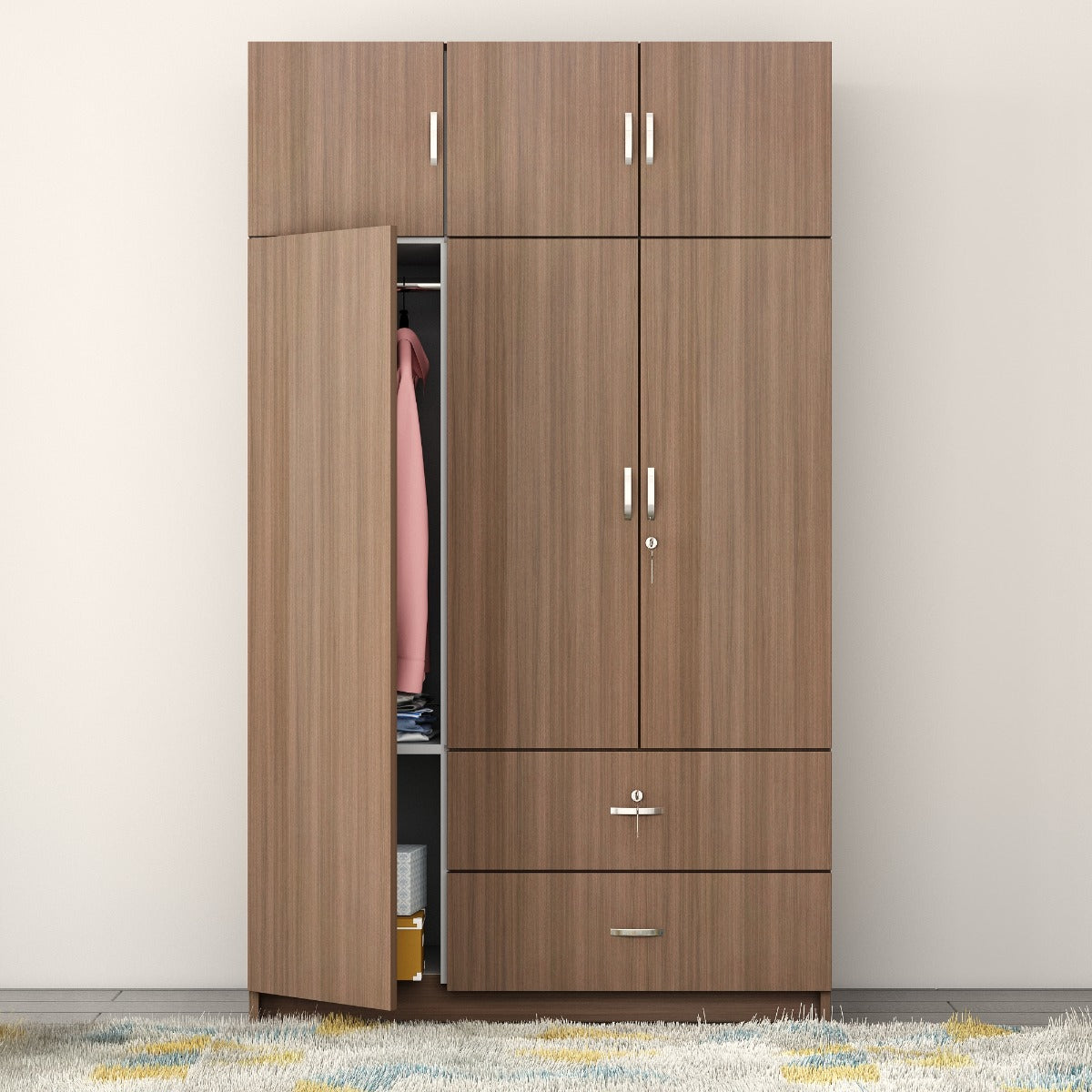 Wardrobe, Wardrobe Hanging Space, Wardrobe Loft Space, Wardrobe Open Self Space, Wardrobe  Wood Shutter, Wardrobe SS Handle, Wood Wardrobe, Wardrobe - IM- 7002