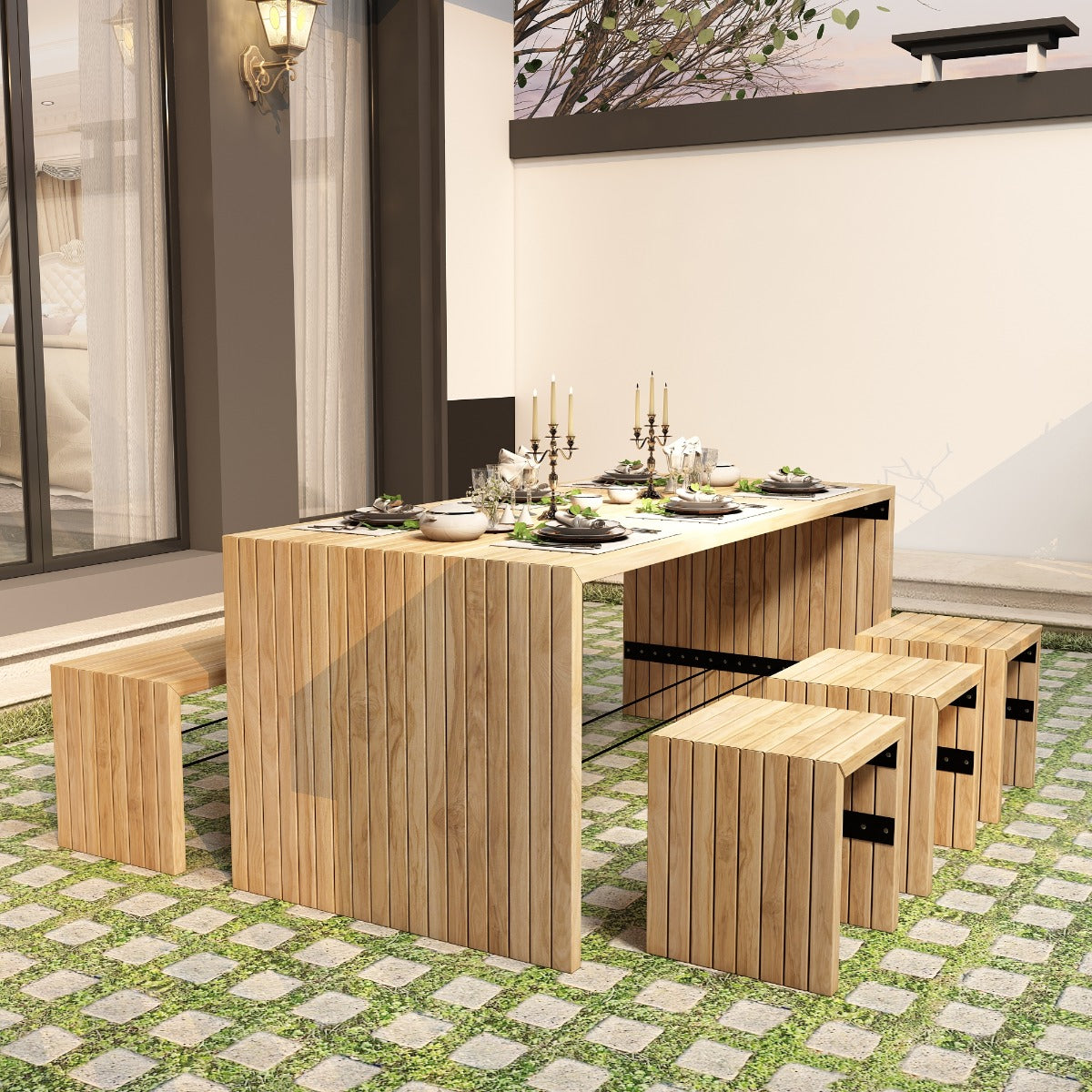 Dining Set with Bench and 3 Stools in Solid Wood and Rectangular Dining Table with Polish - IM654