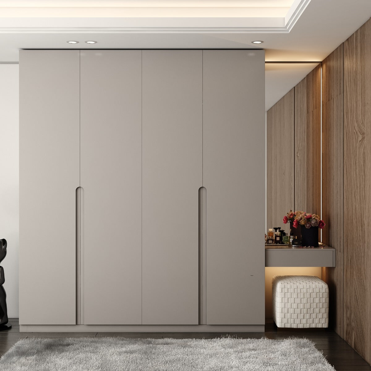 Wardrobe, Wardrobe Hanging Space, Grey Wardrobe Shutter, Wardrobe SS Handle,Wardrobe Brown Drawer, Mirror attach with Wardrobe, Grey & Brown Wardrobe, Wardrobe - EL- 7002