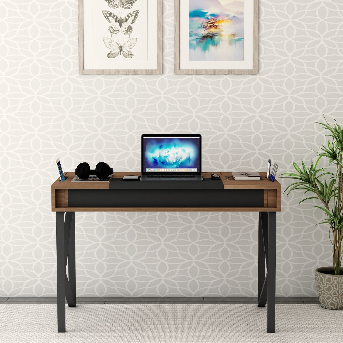 Study Table, Wood & Grey Study Table, Study Table Open Storage at Top ...