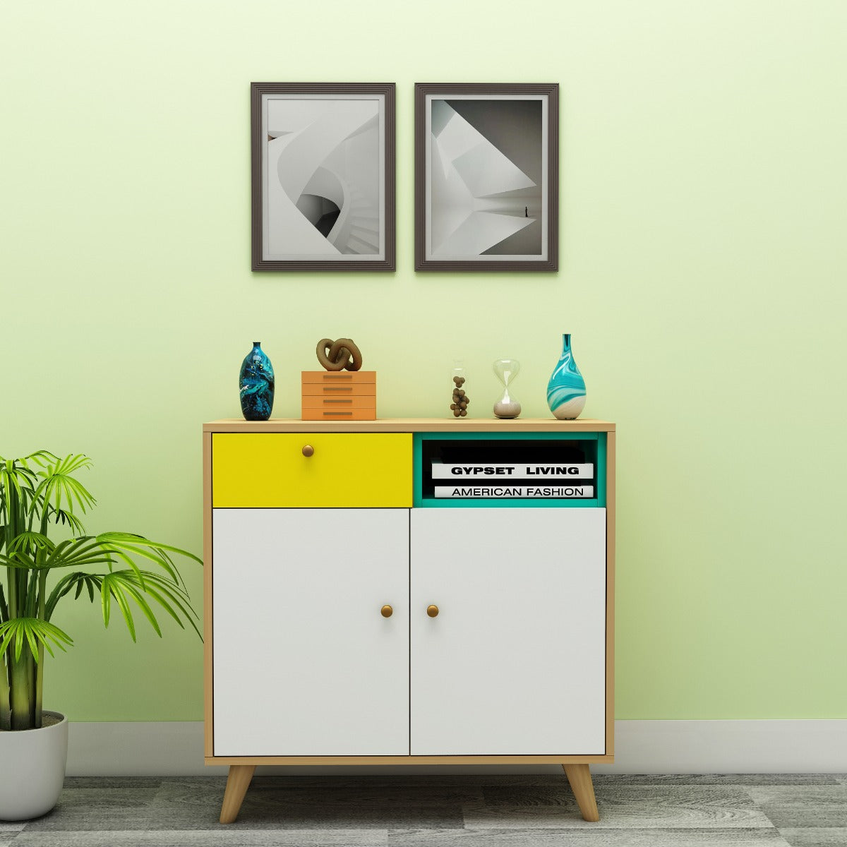 Book Shelf, Yellow, Green, White Color & Wood Book Shelf, Book Shelf with Drawer, Book Shelf with Shutter, Book Shelf with Open Space, Book Shelf - EL- 10002