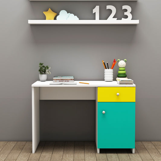 Kids Study Table, White, Yellow & Green Color Study Table, Study Table with Drawer, Study Table with Shutter, Study Table - IM - 12026