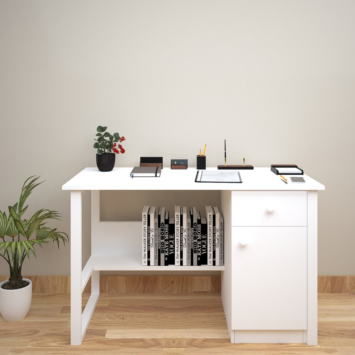 Study Table, White Color Study Table, Study Table with Drawer, Study Table with White MS Leg, Study Table with Open Shelf, Study Table with Shutter, Study Table - VT - 12033