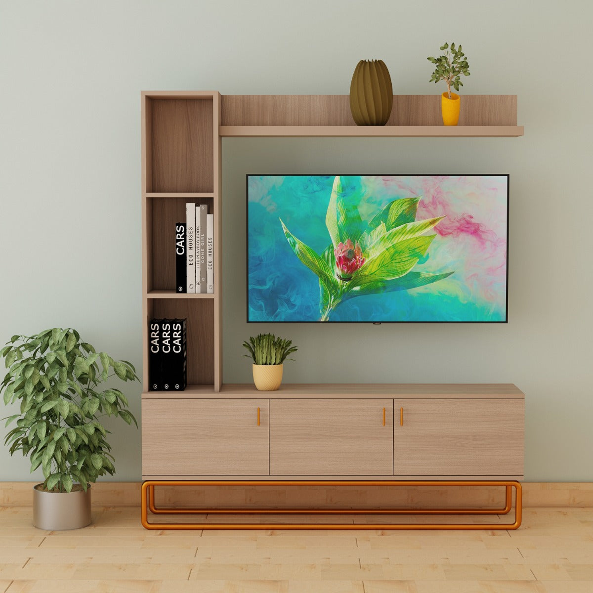 Entertainment Unit, Wood Entertainment Unit, Entertainment Unit for Living & Bedroom Area, Entertainment Unit with Open Shelf and Shutter, Entertainment Unit with MS Leg in Gold Finish, Entertainment Unit - VT - 10008