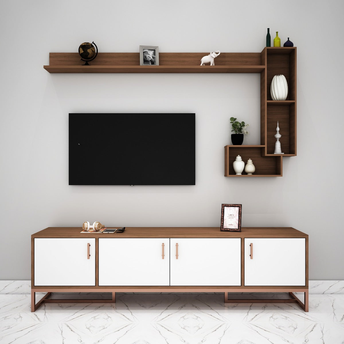 Entertainment Unit, Wood & White Color Entertainment Unit, Entertainment Unit for Living & Bedroom Area, Entertainment Unit with Open Shelf, Entertainment Unit with Shutter, Entertainment Unit with Metal Leg in Copper Finish, Entertainment Unit - IM-10012