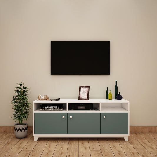 Entertainment Unit, White & Green Color Entertainment Unit, Entertainment Unit for Living & Bedroom Area, Entertainment Unit with Open Shelf, Entertainment Unit with Shutter, Entertainment Unit - VT - 10012