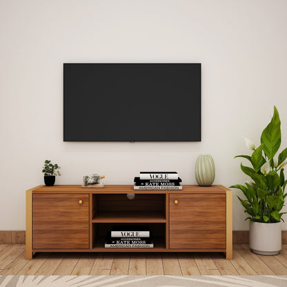 Entertainment Unit, Wood Color Entertainment Unit, Entertainment Unit for Living & Bedroom Area, Entertainment Unit with Open Shelf, Entertainment Unit with Shutter, Entertainment Unit with MS Leg in Golden Finish, Entertainment Unit - IM - 10015