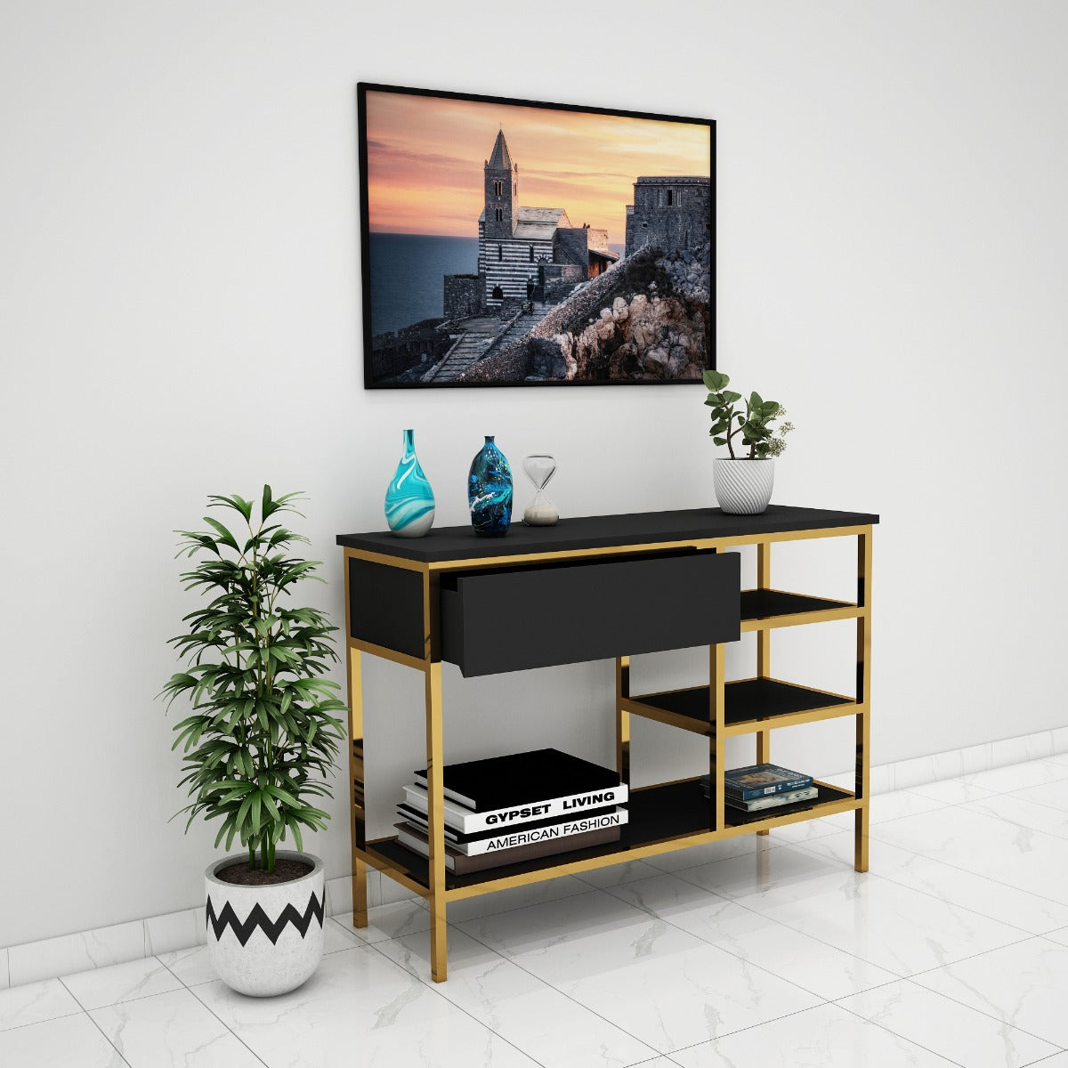 Console Table, Black Color Console Table, Console Table with Open Shelf, Console with Drawer, Console Table with Gold Legs, Console Table - VT- 12048