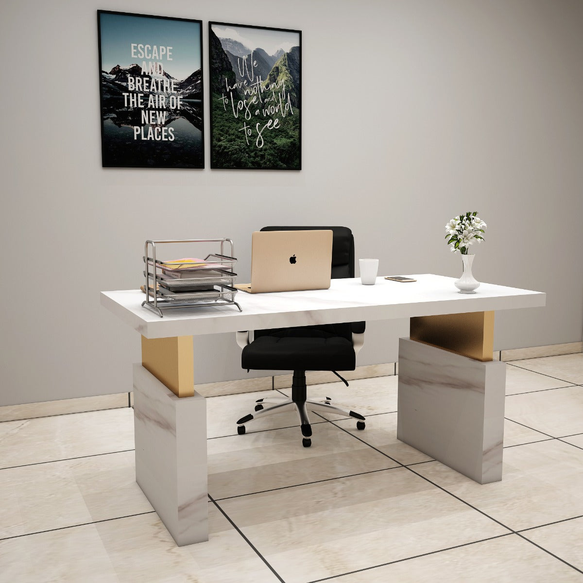 Office Table, White Office table, Table for Office, MD Table, Office Table Leg in Gold Finish, Office Table - EL - 12065